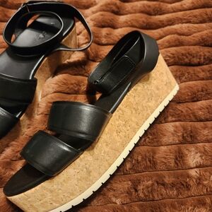 Vince Black Leather Wedge Sandals